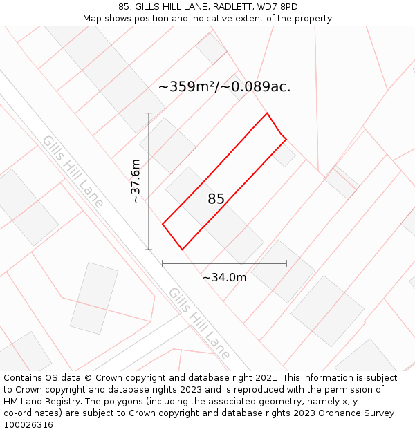 85, GILLS HILL LANE, RADLETT, WD7 8PD: Plot and title map