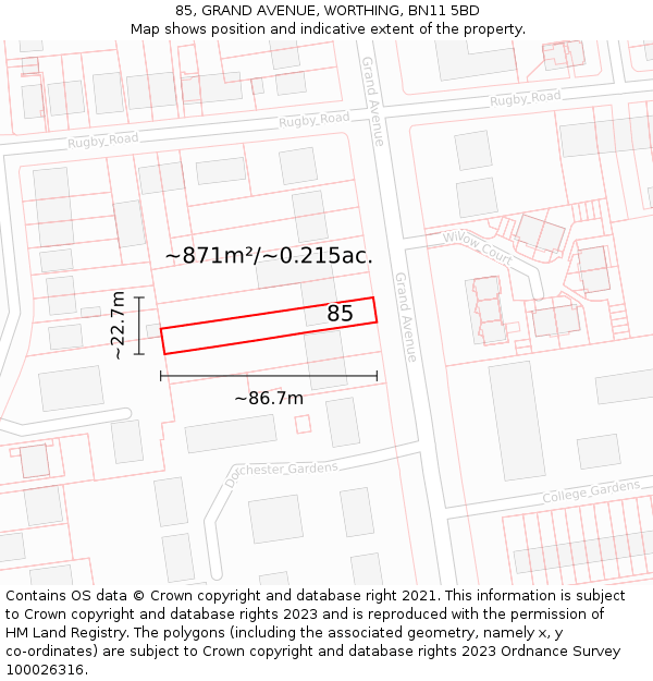 85, GRAND AVENUE, WORTHING, BN11 5BD: Plot and title map