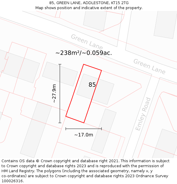 85, GREEN LANE, ADDLESTONE, KT15 2TG: Plot and title map