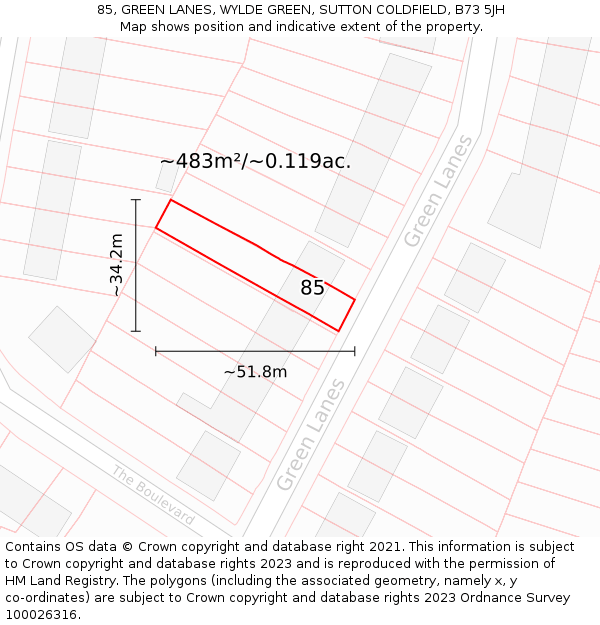 85, GREEN LANES, WYLDE GREEN, SUTTON COLDFIELD, B73 5JH: Plot and title map