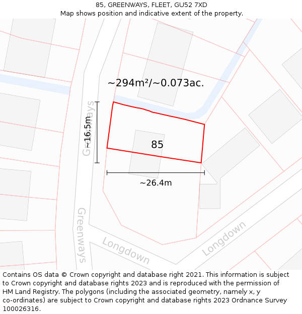 85, GREENWAYS, FLEET, GU52 7XD: Plot and title map