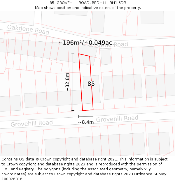 85, GROVEHILL ROAD, REDHILL, RH1 6DB: Plot and title map