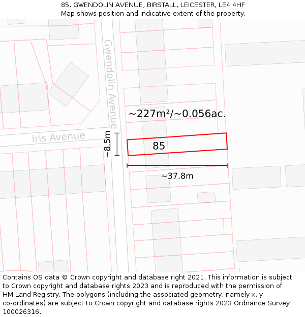 85, GWENDOLIN AVENUE, BIRSTALL, LEICESTER, LE4 4HF: Plot and title map