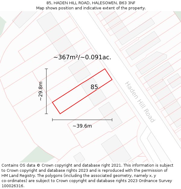 85, HADEN HILL ROAD, HALESOWEN, B63 3NF: Plot and title map