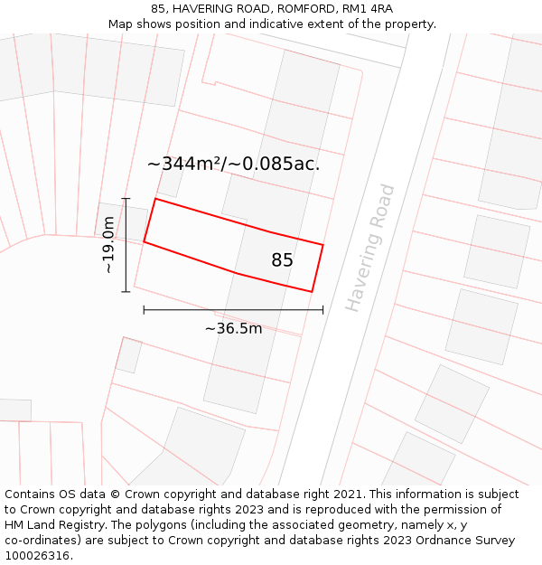 85, HAVERING ROAD, ROMFORD, RM1 4RA: Plot and title map