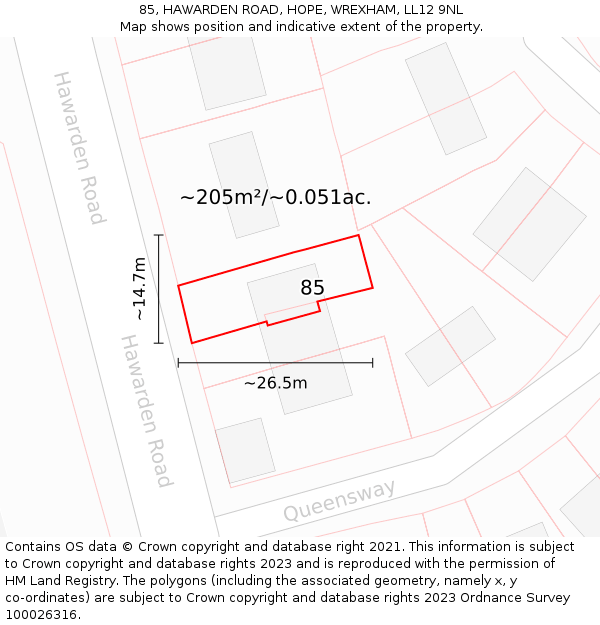 85, HAWARDEN ROAD, HOPE, WREXHAM, LL12 9NL: Plot and title map