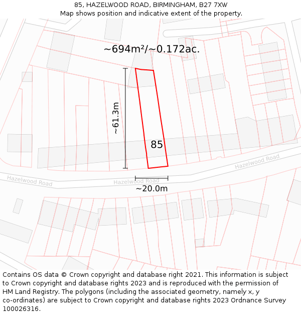 85, HAZELWOOD ROAD, BIRMINGHAM, B27 7XW: Plot and title map