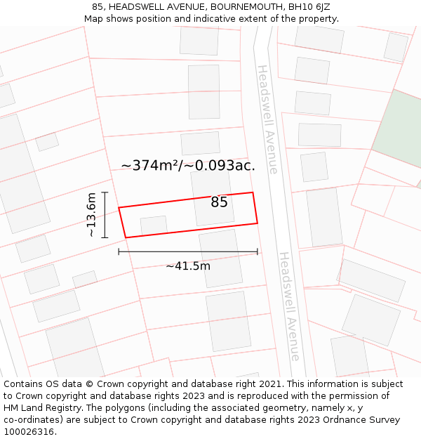 85, HEADSWELL AVENUE, BOURNEMOUTH, BH10 6JZ: Plot and title map