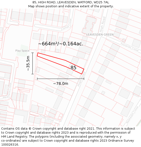 85, HIGH ROAD, LEAVESDEN, WATFORD, WD25 7AL: Plot and title map