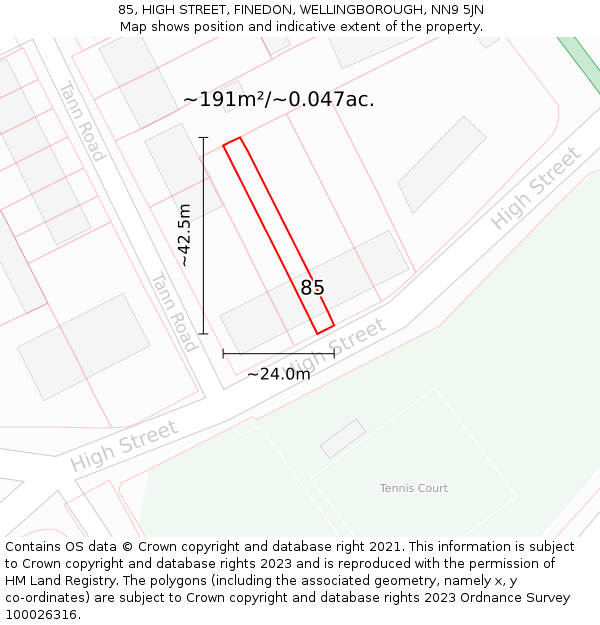 85, HIGH STREET, FINEDON, WELLINGBOROUGH, NN9 5JN: Plot and title map