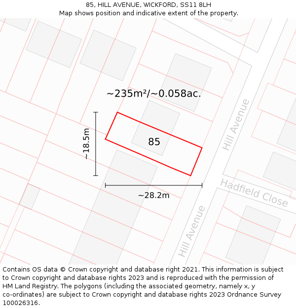 85, HILL AVENUE, WICKFORD, SS11 8LH: Plot and title map