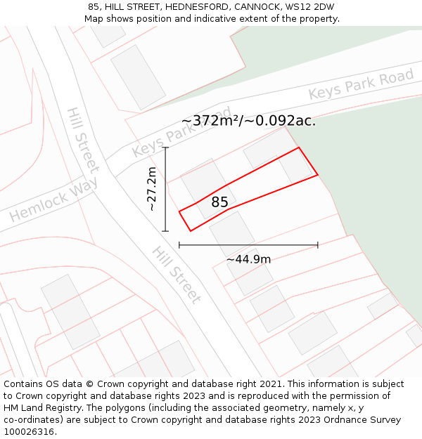 85, HILL STREET, HEDNESFORD, CANNOCK, WS12 2DW: Plot and title map