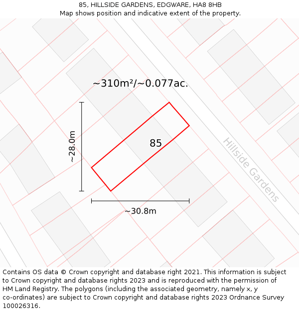85, HILLSIDE GARDENS, EDGWARE, HA8 8HB: Plot and title map