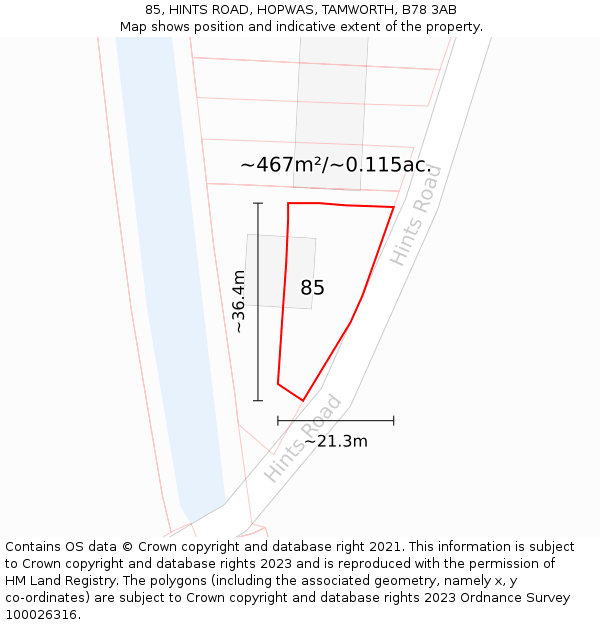 85, HINTS ROAD, HOPWAS, TAMWORTH, B78 3AB: Plot and title map