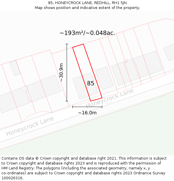 85, HONEYCROCK LANE, REDHILL, RH1 5JN: Plot and title map