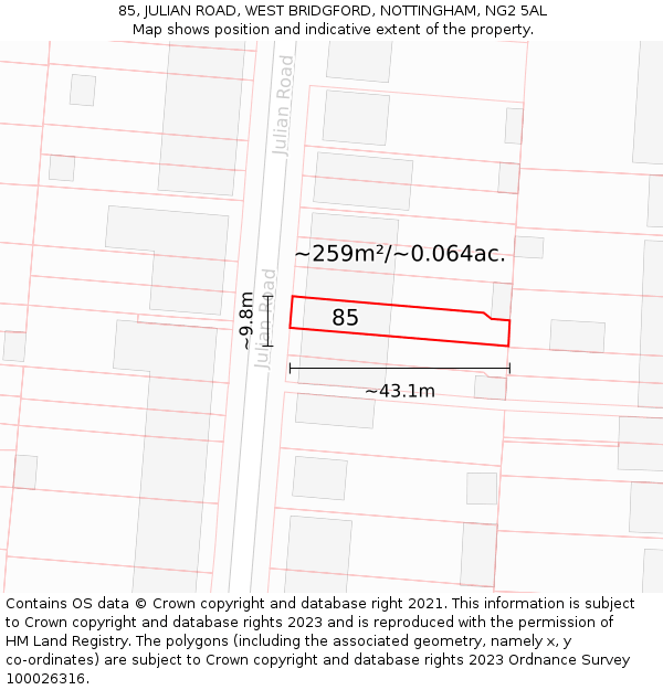 85, JULIAN ROAD, WEST BRIDGFORD, NOTTINGHAM, NG2 5AL: Plot and title map