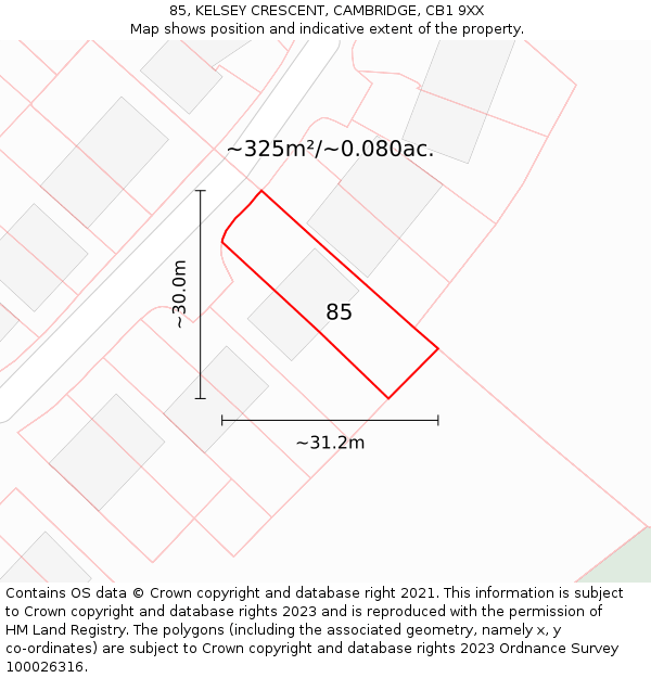 85, KELSEY CRESCENT, CAMBRIDGE, CB1 9XX: Plot and title map