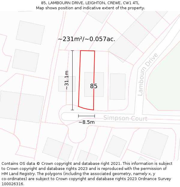 85, LAMBOURN DRIVE, LEIGHTON, CREWE, CW1 4TL: Plot and title map