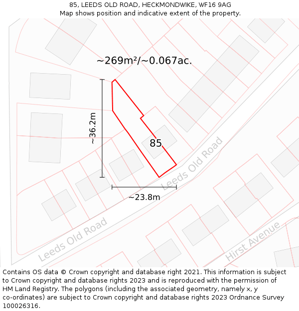 85, LEEDS OLD ROAD, HECKMONDWIKE, WF16 9AG: Plot and title map