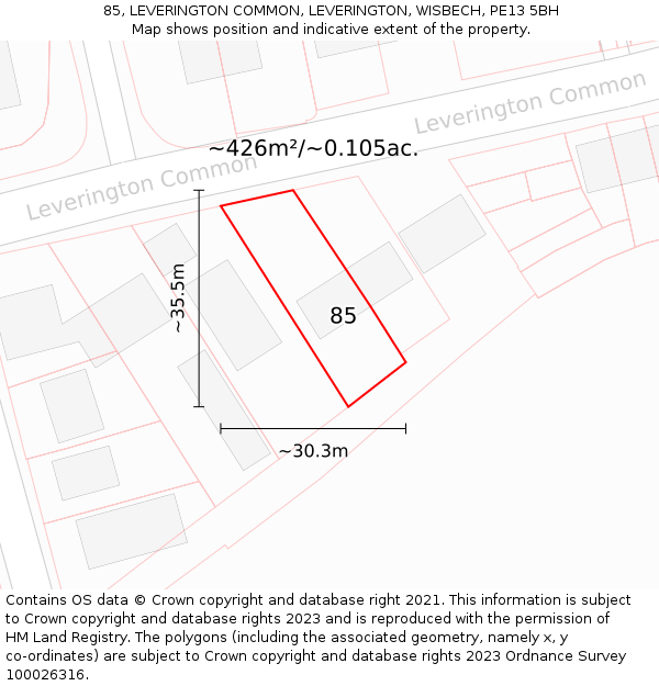 85, LEVERINGTON COMMON, LEVERINGTON, WISBECH, PE13 5BH: Plot and title map