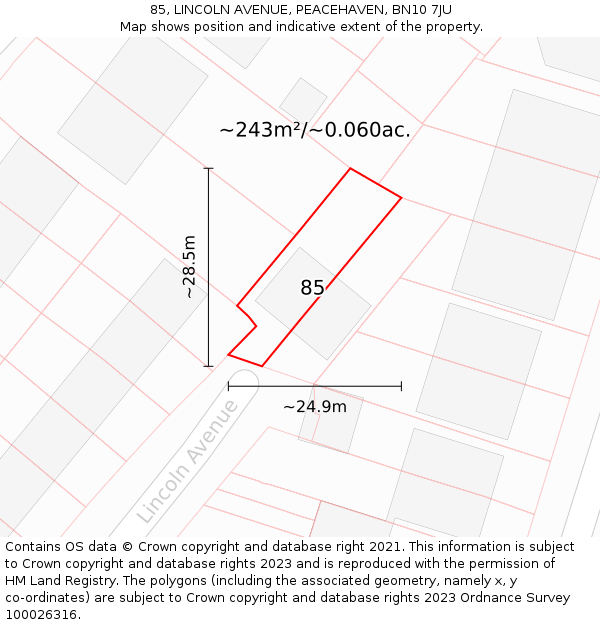 85, LINCOLN AVENUE, PEACEHAVEN, BN10 7JU: Plot and title map