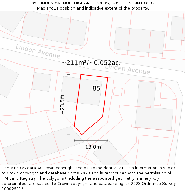 85, LINDEN AVENUE, HIGHAM FERRERS, RUSHDEN, NN10 8EU: Plot and title map