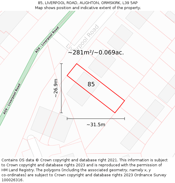 85, LIVERPOOL ROAD, AUGHTON, ORMSKIRK, L39 5AP: Plot and title map