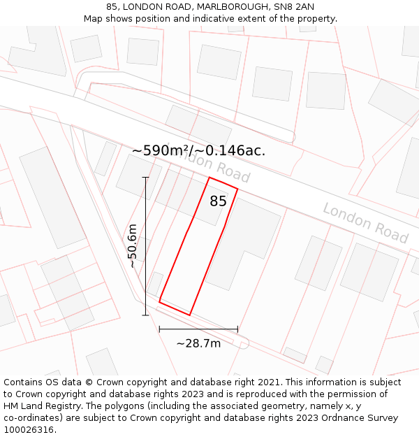 85, LONDON ROAD, MARLBOROUGH, SN8 2AN: Plot and title map