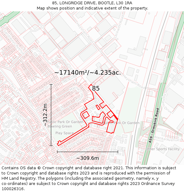 85, LONGRIDGE DRIVE, BOOTLE, L30 1RA: Plot and title map