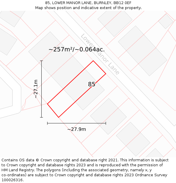 85, LOWER MANOR LANE, BURNLEY, BB12 0EF: Plot and title map
