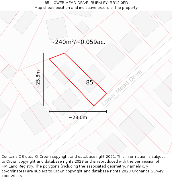 85, LOWER MEAD DRIVE, BURNLEY, BB12 0ED: Plot and title map