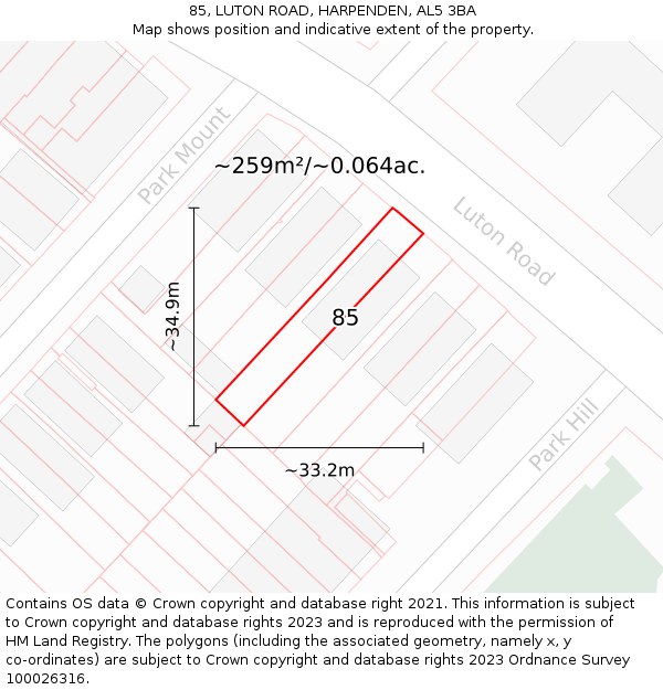 85, LUTON ROAD, HARPENDEN, AL5 3BA: Plot and title map