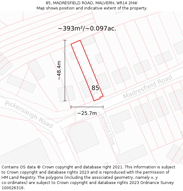 85, MADRESFIELD ROAD, MALVERN, WR14 2NW: Plot and title map