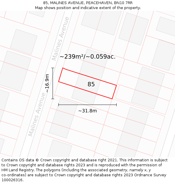 85, MALINES AVENUE, PEACEHAVEN, BN10 7RR: Plot and title map