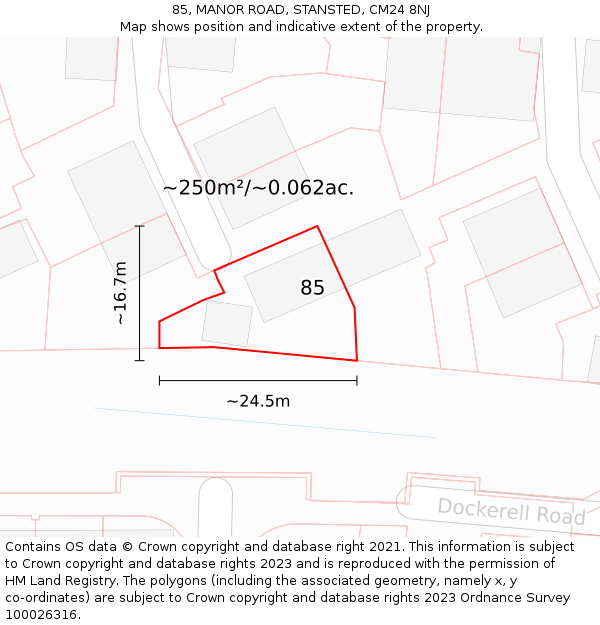 85, MANOR ROAD, STANSTED, CM24 8NJ: Plot and title map