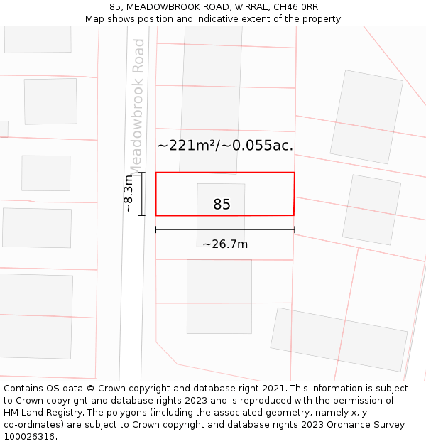 85, MEADOWBROOK ROAD, WIRRAL, CH46 0RR: Plot and title map