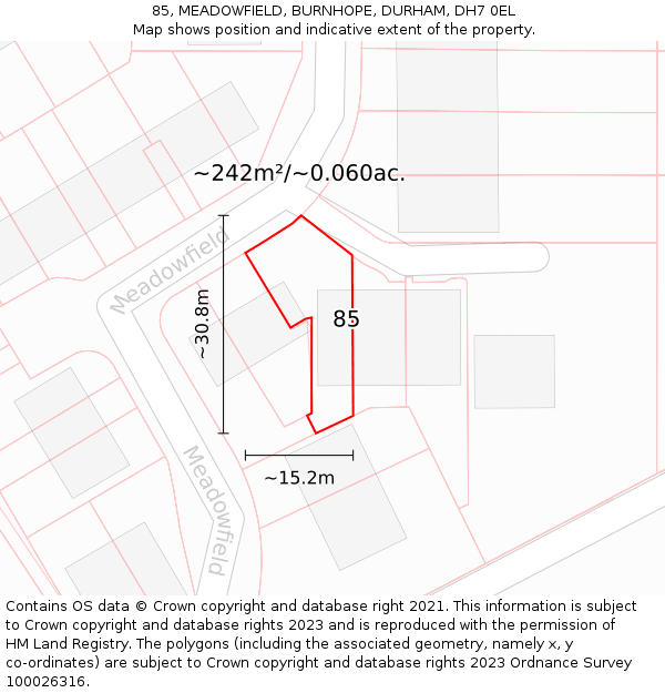 85, MEADOWFIELD, BURNHOPE, DURHAM, DH7 0EL: Plot and title map