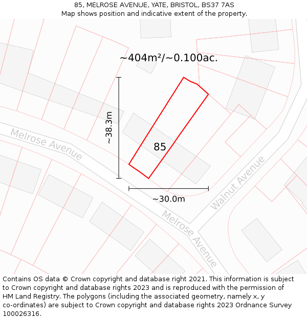85, MELROSE AVENUE, YATE, BRISTOL, BS37 7AS: Plot and title map
