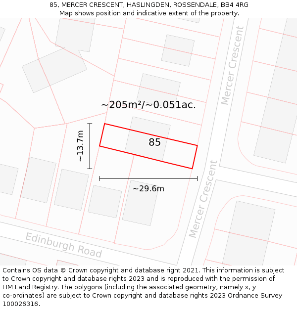 85, MERCER CRESCENT, HASLINGDEN, ROSSENDALE, BB4 4RG: Plot and title map