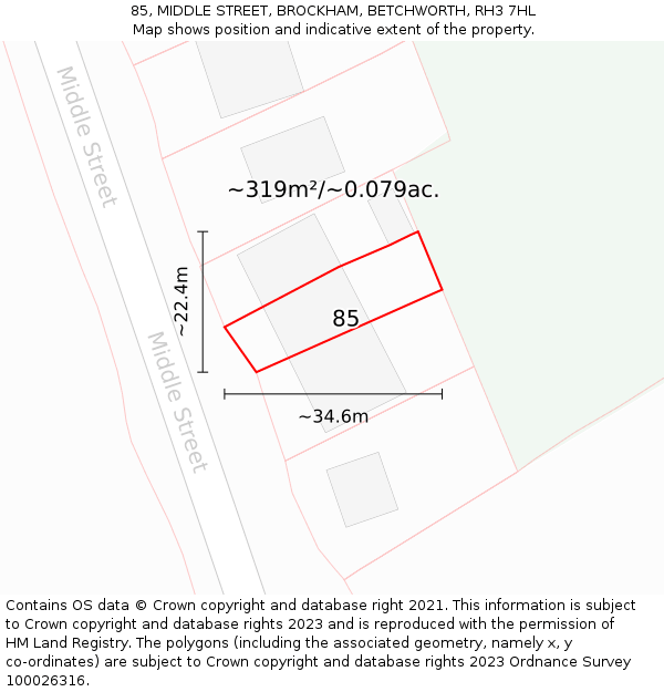 85, MIDDLE STREET, BROCKHAM, BETCHWORTH, RH3 7HL: Plot and title map