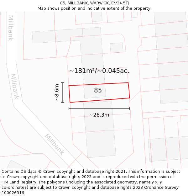 85, MILLBANK, WARWICK, CV34 5TJ: Plot and title map