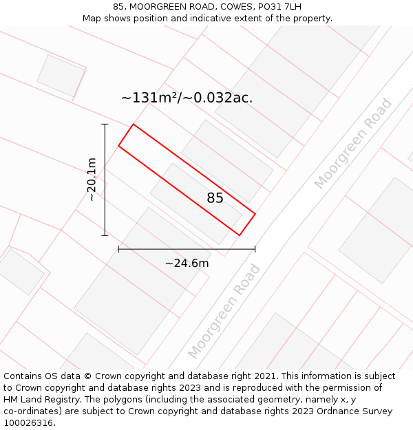 85, MOORGREEN ROAD, COWES, PO31 7LH: Plot and title map