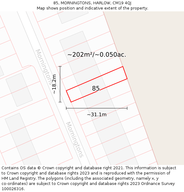 85, MORNINGTONS, HARLOW, CM19 4QJ: Plot and title map