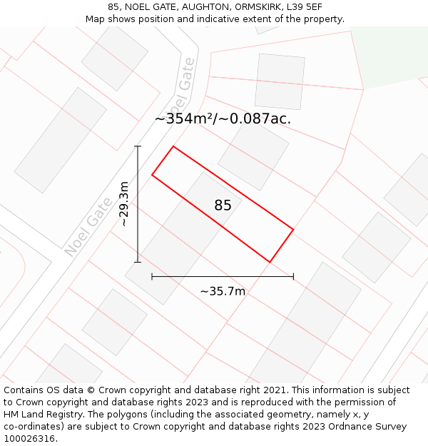 85, NOEL GATE, AUGHTON, ORMSKIRK, L39 5EF: Plot and title map