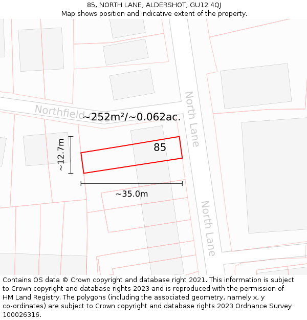 85, NORTH LANE, ALDERSHOT, GU12 4QJ: Plot and title map