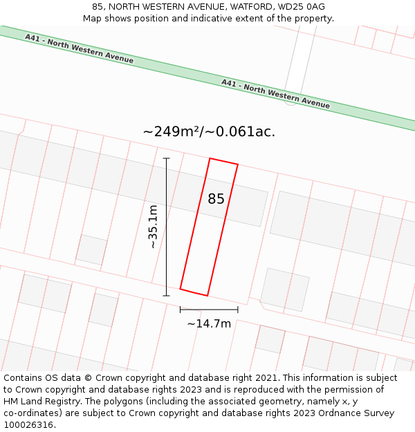 85, NORTH WESTERN AVENUE, WATFORD, WD25 0AG: Plot and title map