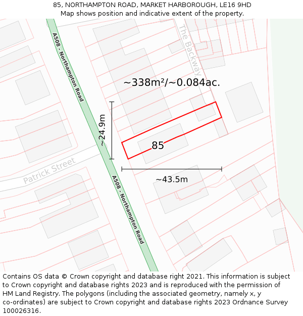 85, NORTHAMPTON ROAD, MARKET HARBOROUGH, LE16 9HD: Plot and title map