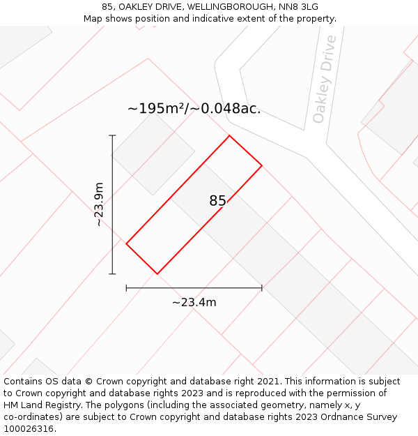 85, OAKLEY DRIVE, WELLINGBOROUGH, NN8 3LG: Plot and title map