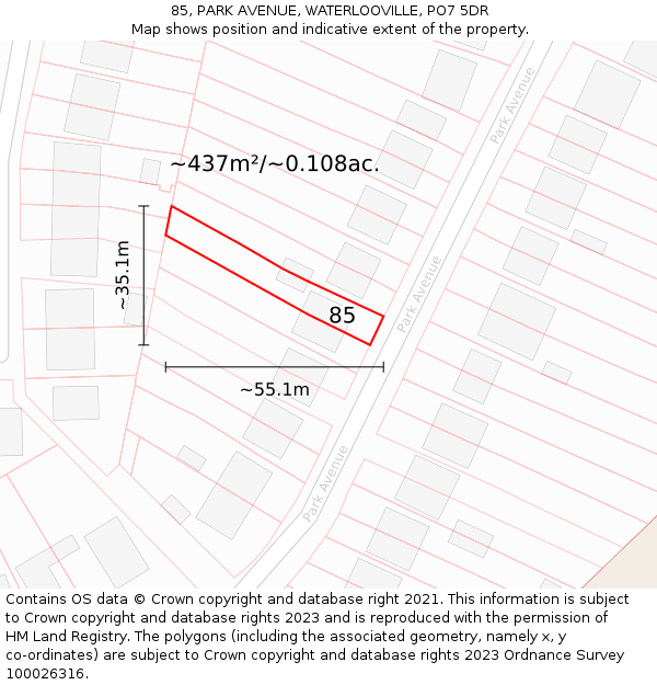 85, PARK AVENUE, WATERLOOVILLE, PO7 5DR: Plot and title map