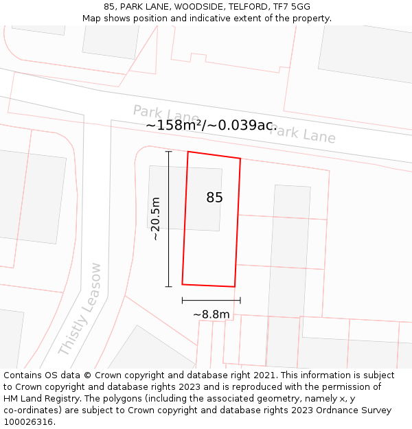 85, PARK LANE, WOODSIDE, TELFORD, TF7 5GG: Plot and title map